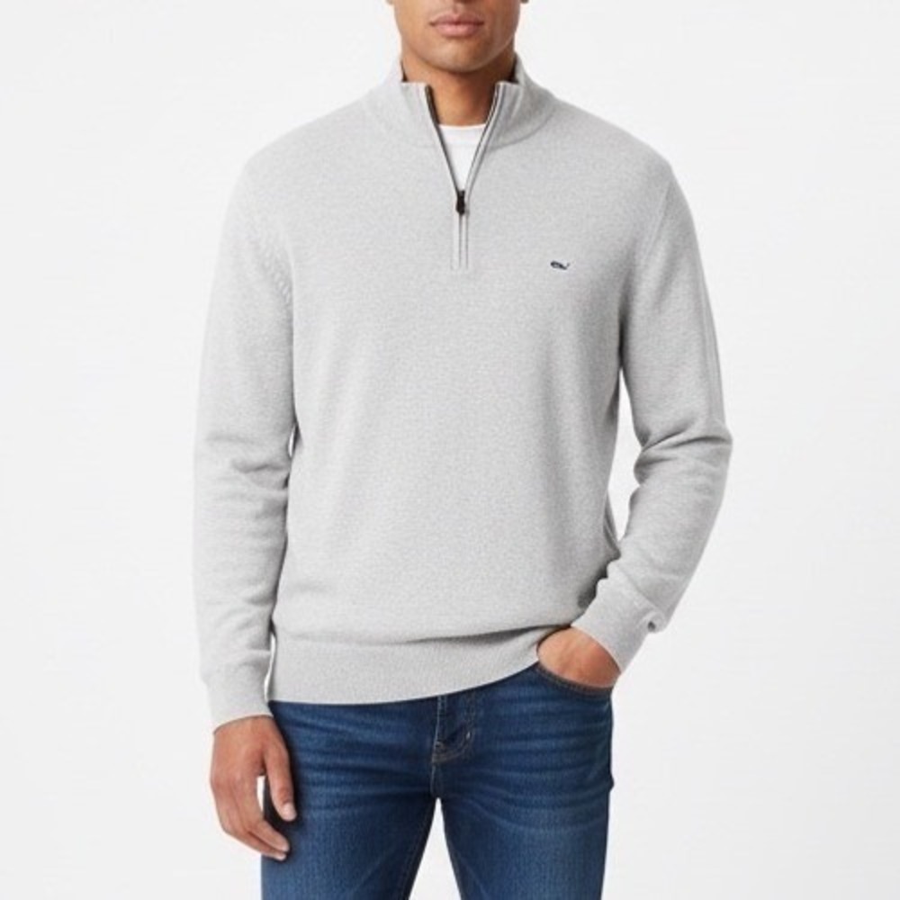 Vineyard Vines Sweater Mens Large Gray Quarter-Zip Mock Neck Long Sleeve Ribbed - Picture 1 of 6